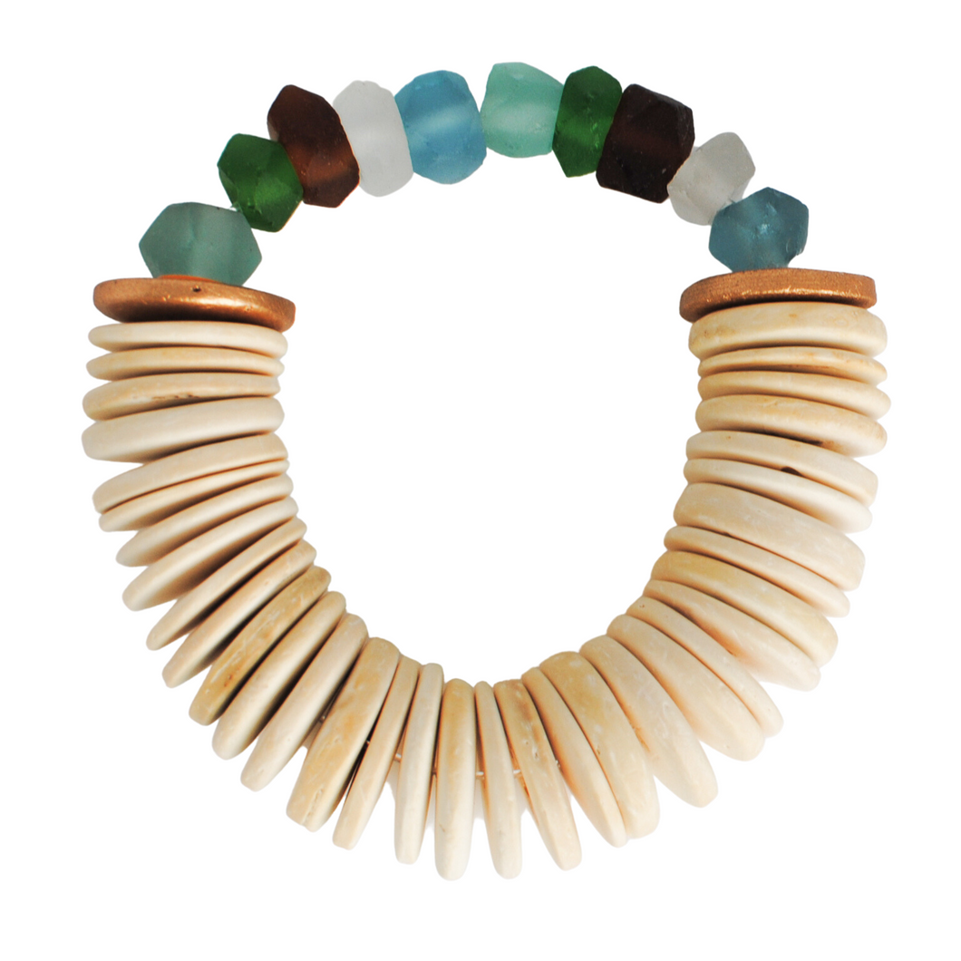 earth sea glass + coconut shell beads