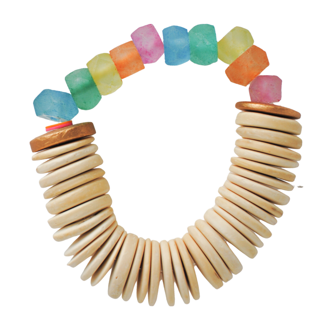 candy sea glass + coconut shell beads