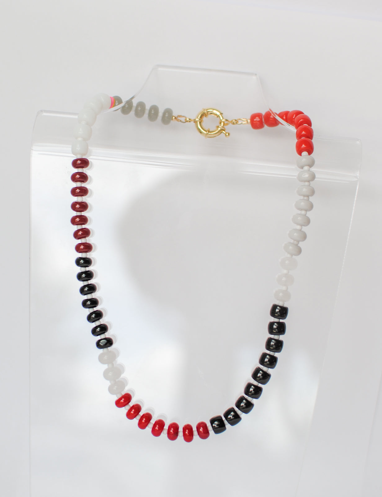 red + maroon + black + gray + white necklace