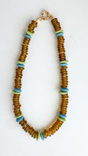 Load image into Gallery viewer, recycled brown glass + lime ashanti + blue ashanti glass necklace
