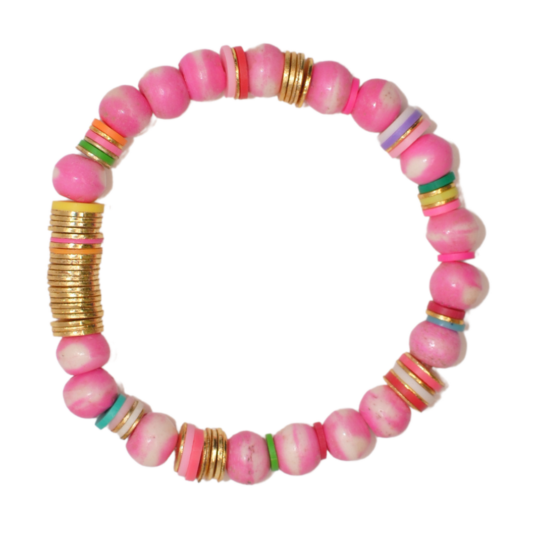 pink bone bead + tie-dye + gold